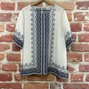 Chicos Top Women's 20/22 Blue White Boho Floral Bordered Trim Casual Shirt